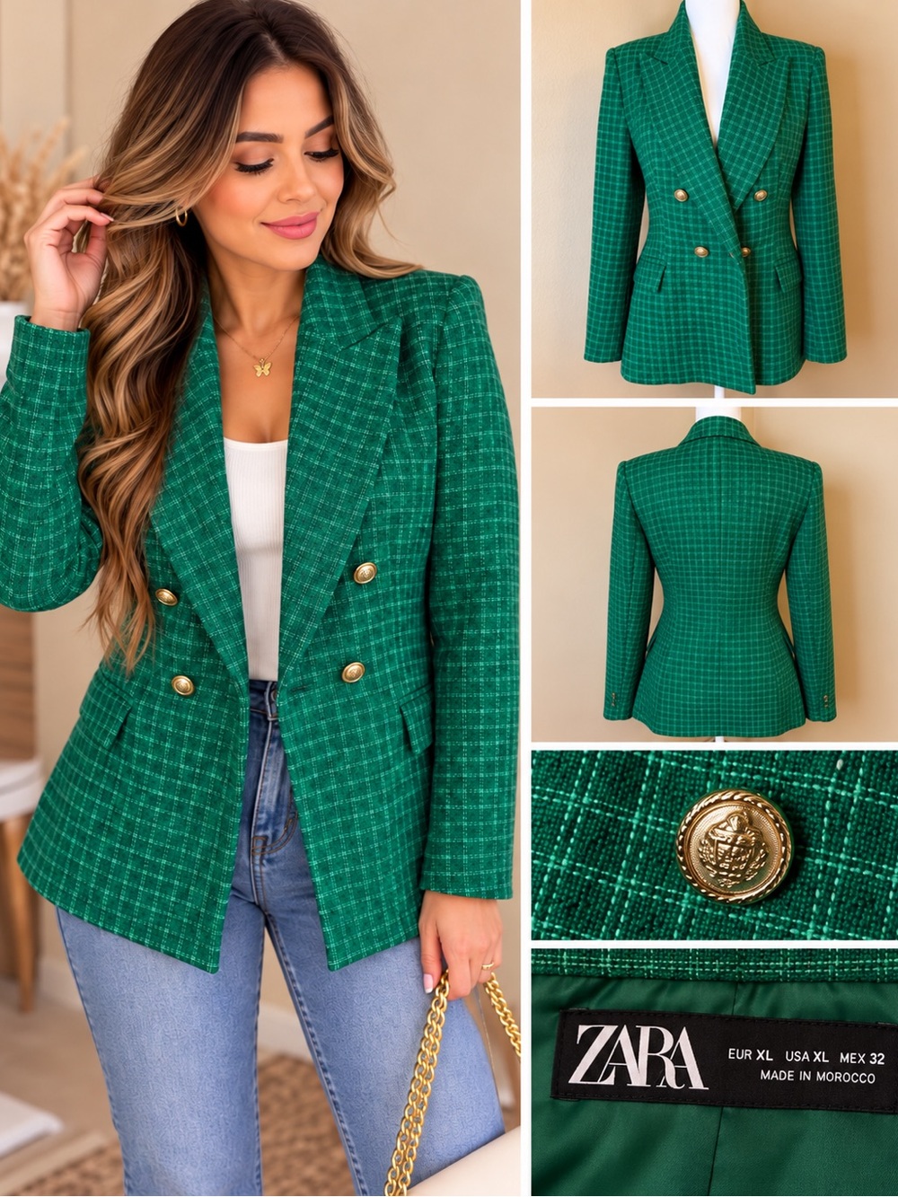 ZARA Green Double-Breasted Checked Blazer with Gold Buttons